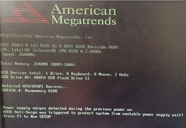 win7 64位旗舰版系统电脑开机卡在启动界面并提示Asus Anti-Surge was triggered to p